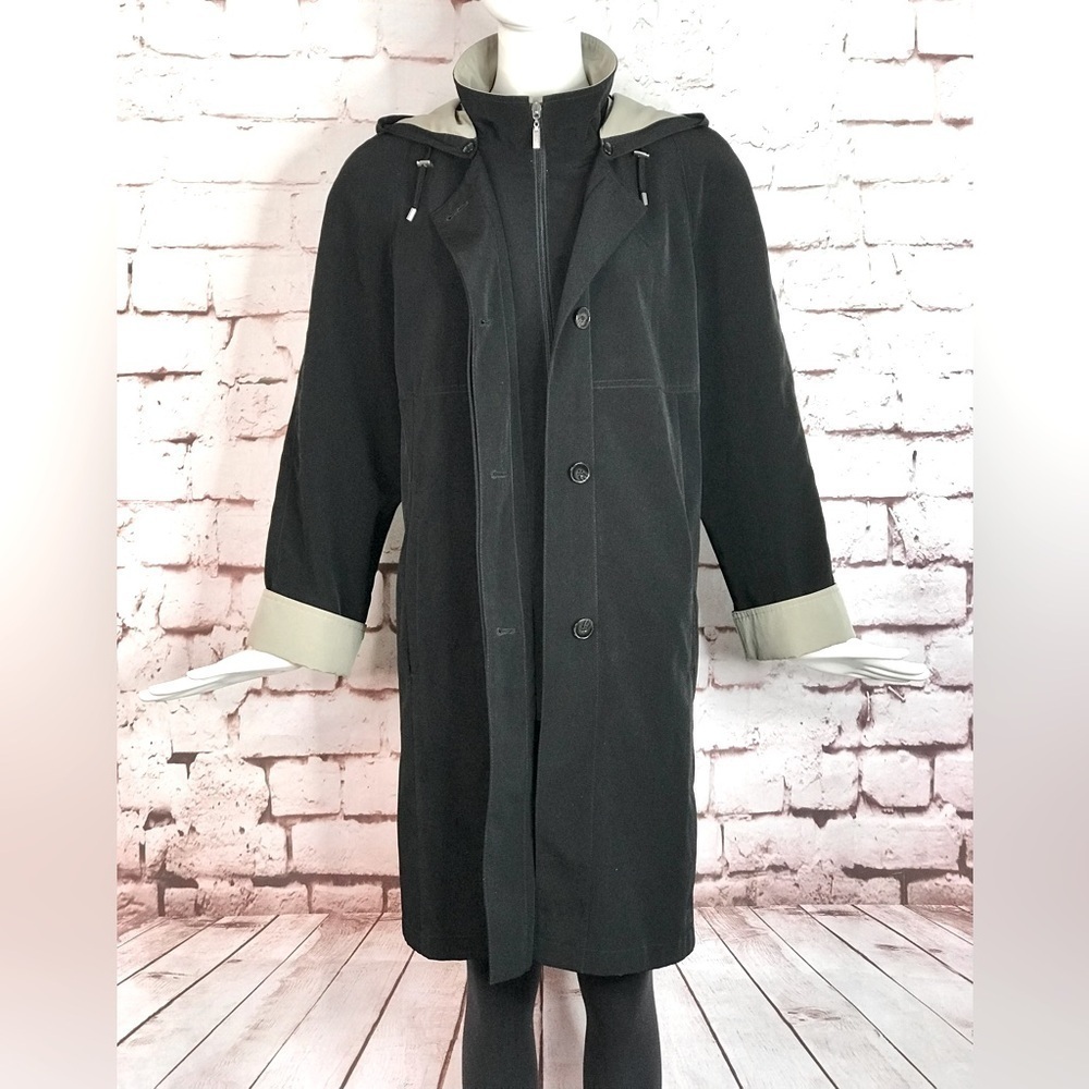 GALLERY Black & Taupe Trench Coat Raincoat detach Hood Size Medium 37” Length